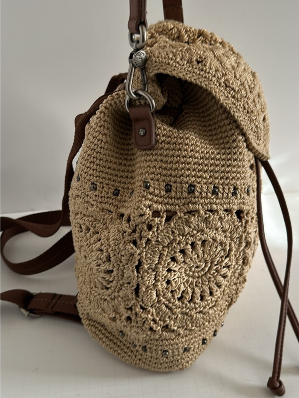 Handcrafted Sak Crochet Backpack - Beige with Brown Trim - Picture 2 of 9